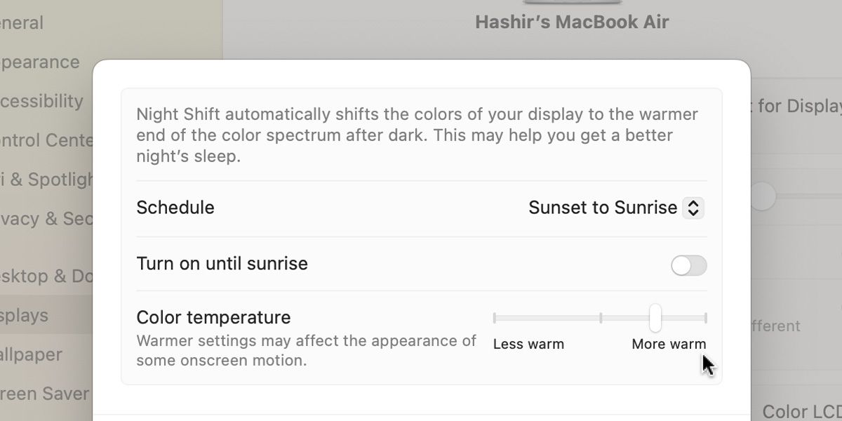 Night Shift screen temperature slider