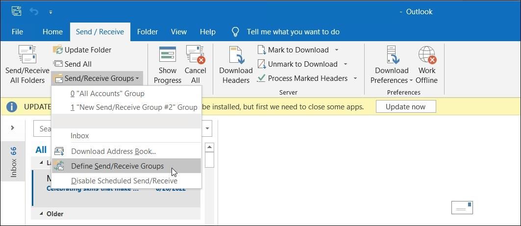 outlook email client send receive groups