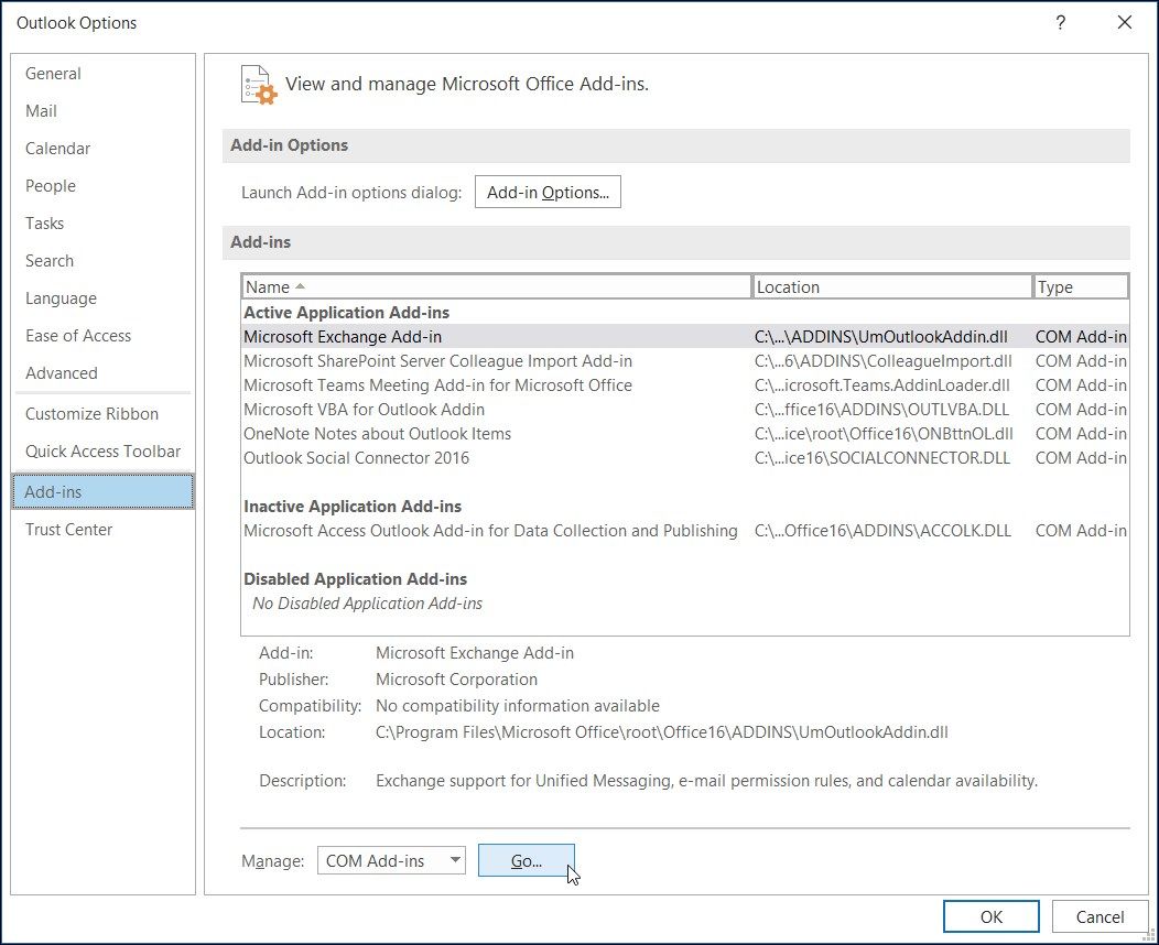 outlook options add_ins manage go