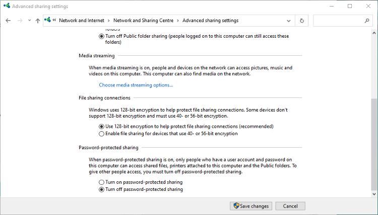 The advanced sharing settings in Windows Control Panel