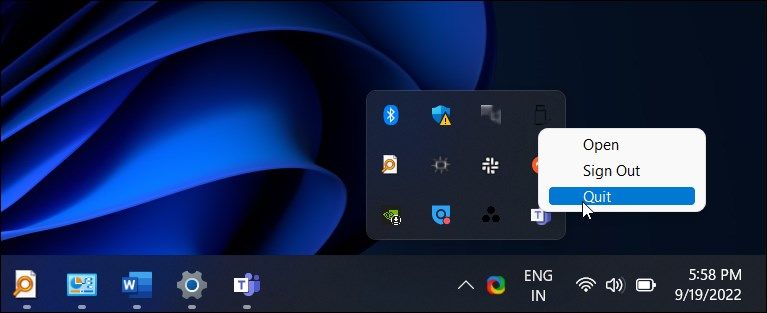 quit teams app system tray