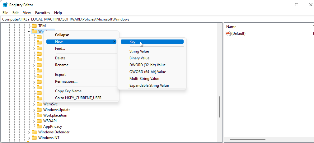 registry editor create new key