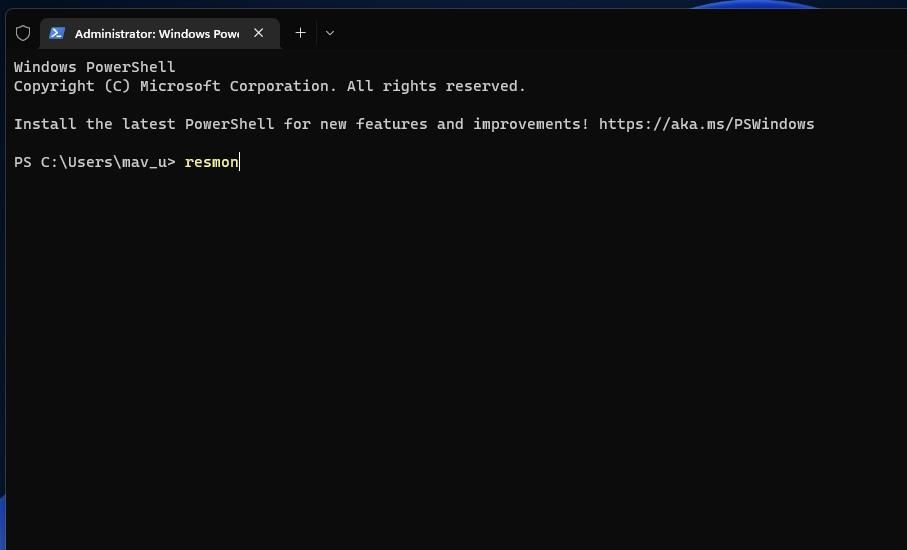 The resmon command entered in Windows Terminal 