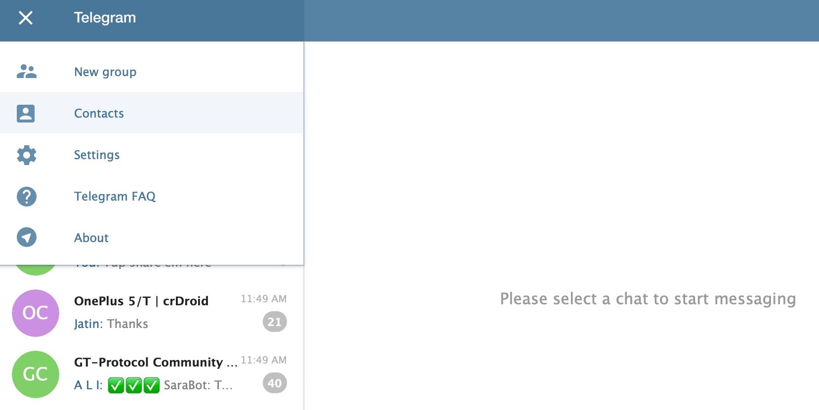 Select Contacts from the Menu on Telegram old version
