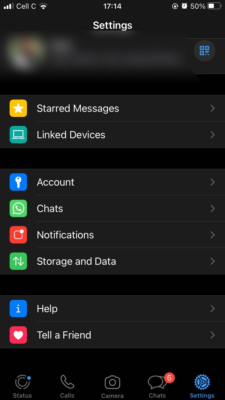 settings page on whatsapp mobile app