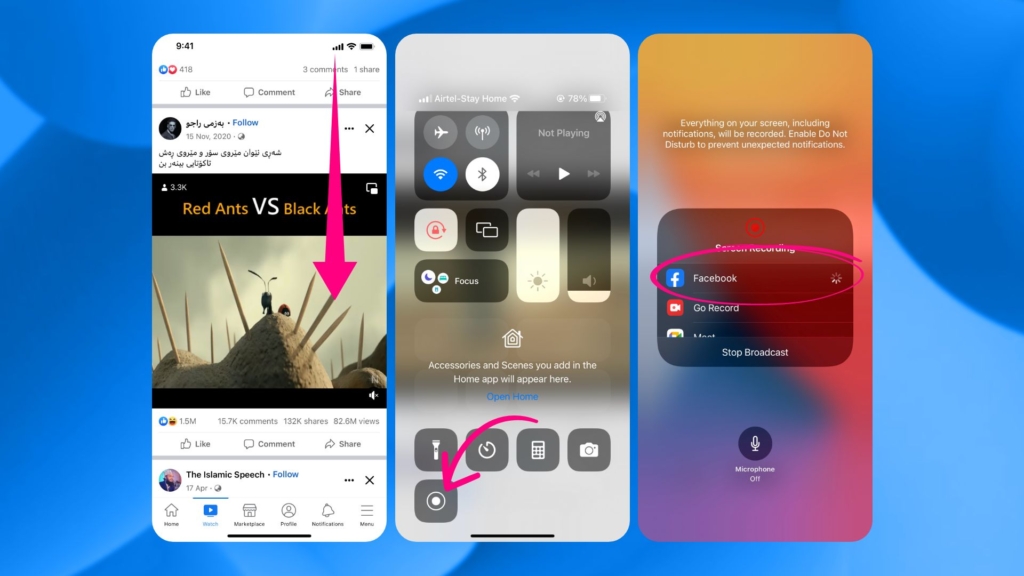 showing screen recording function of iPhone recording Facebook video