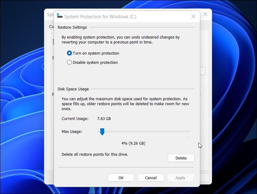 system protection disk usage space