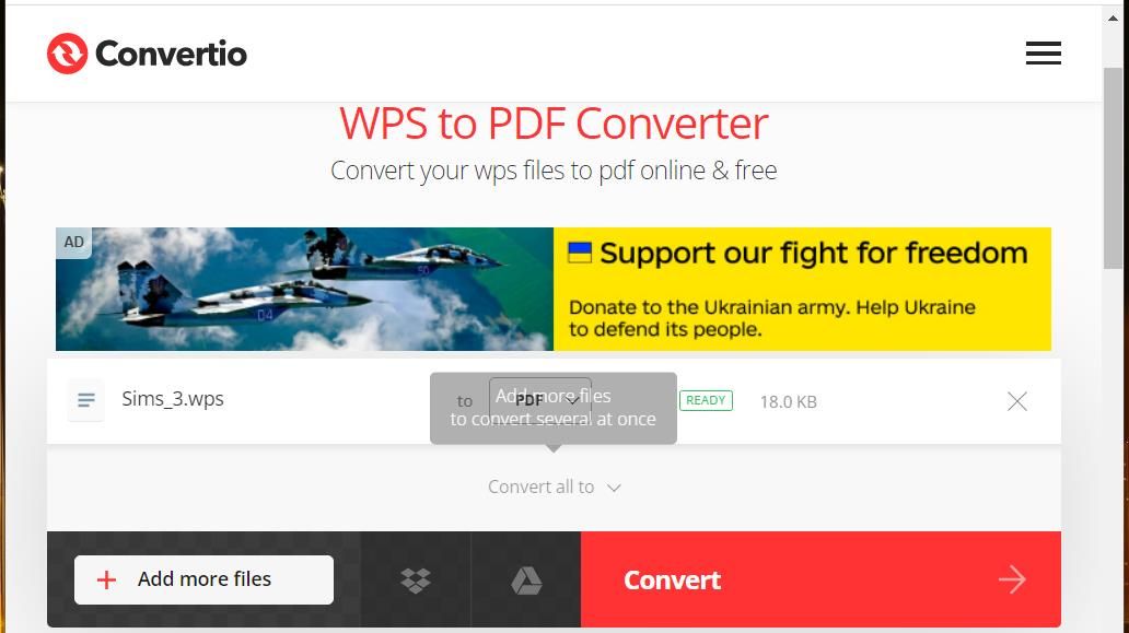 The Convertio web app\'s Convert button 