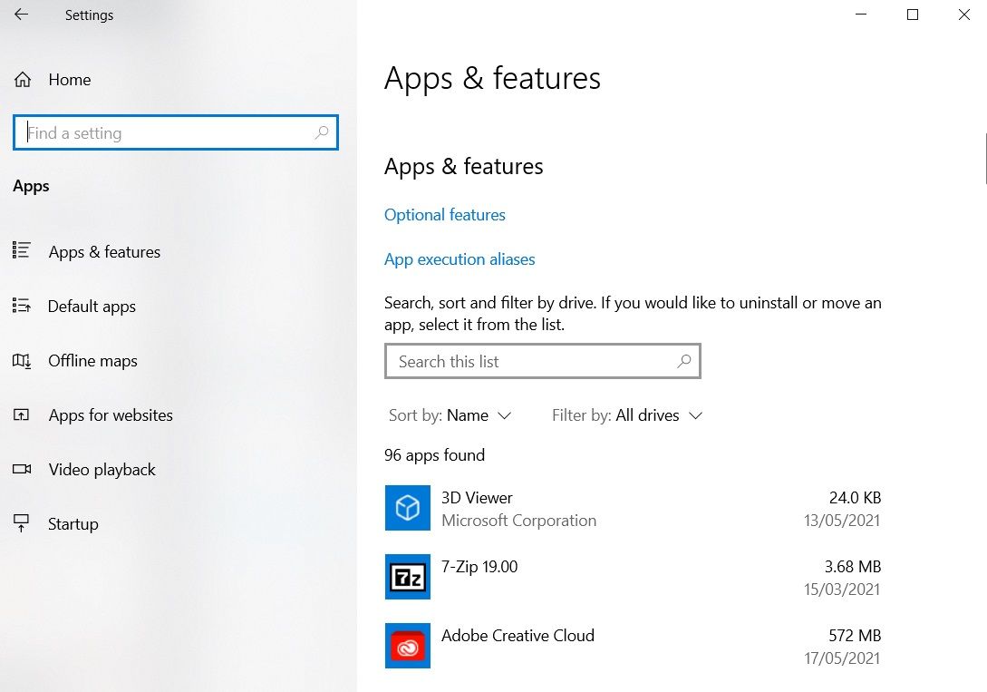 windows settings apps