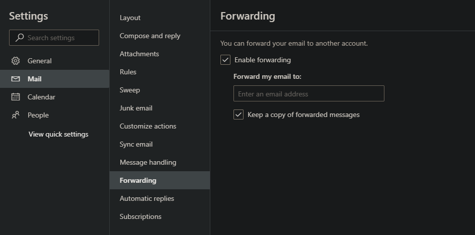 Outlook Web Forwarding Options