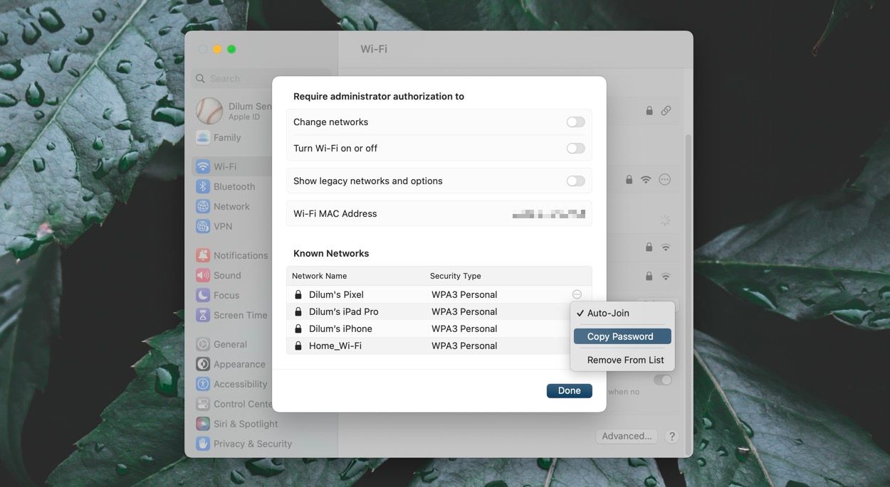 Copying a Wi-Fi password to the clipboard on macOS Ventura.