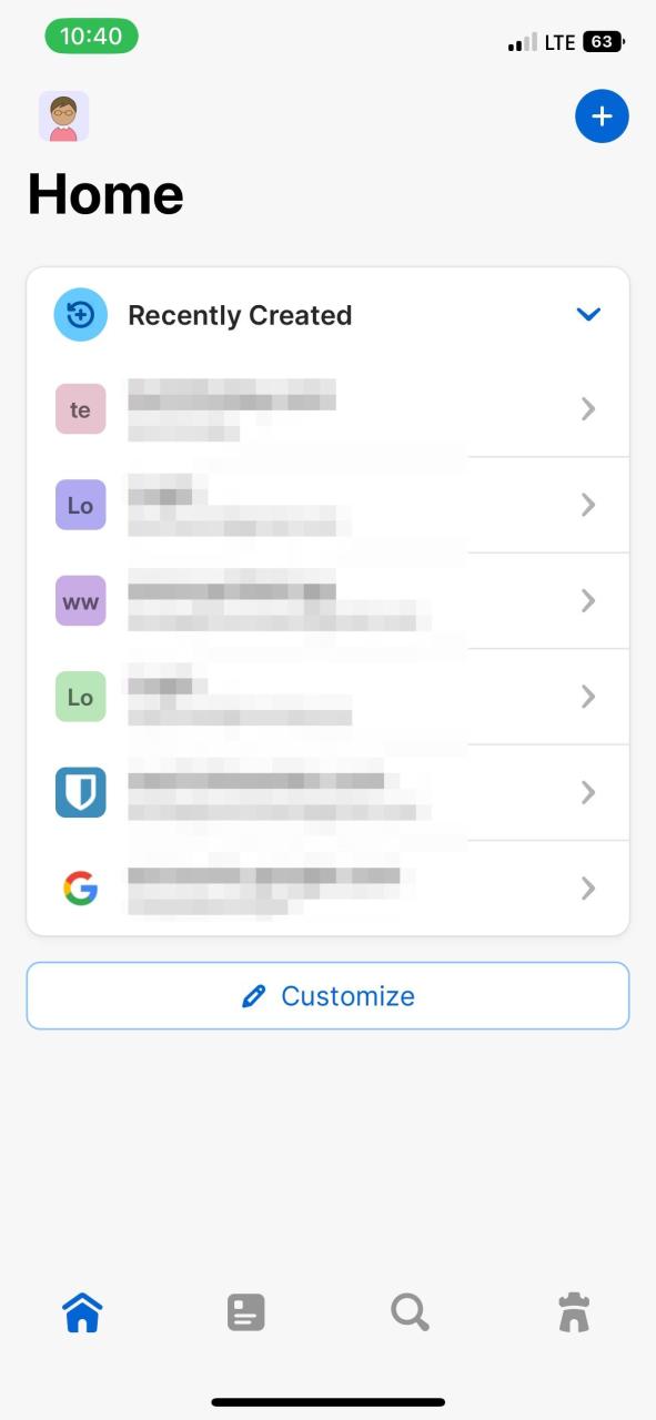 1Password Home page on iOS