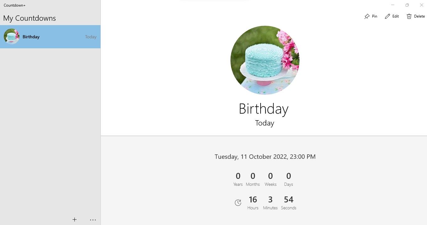 Interface of Countdown  App Showing the Birthday Countdown