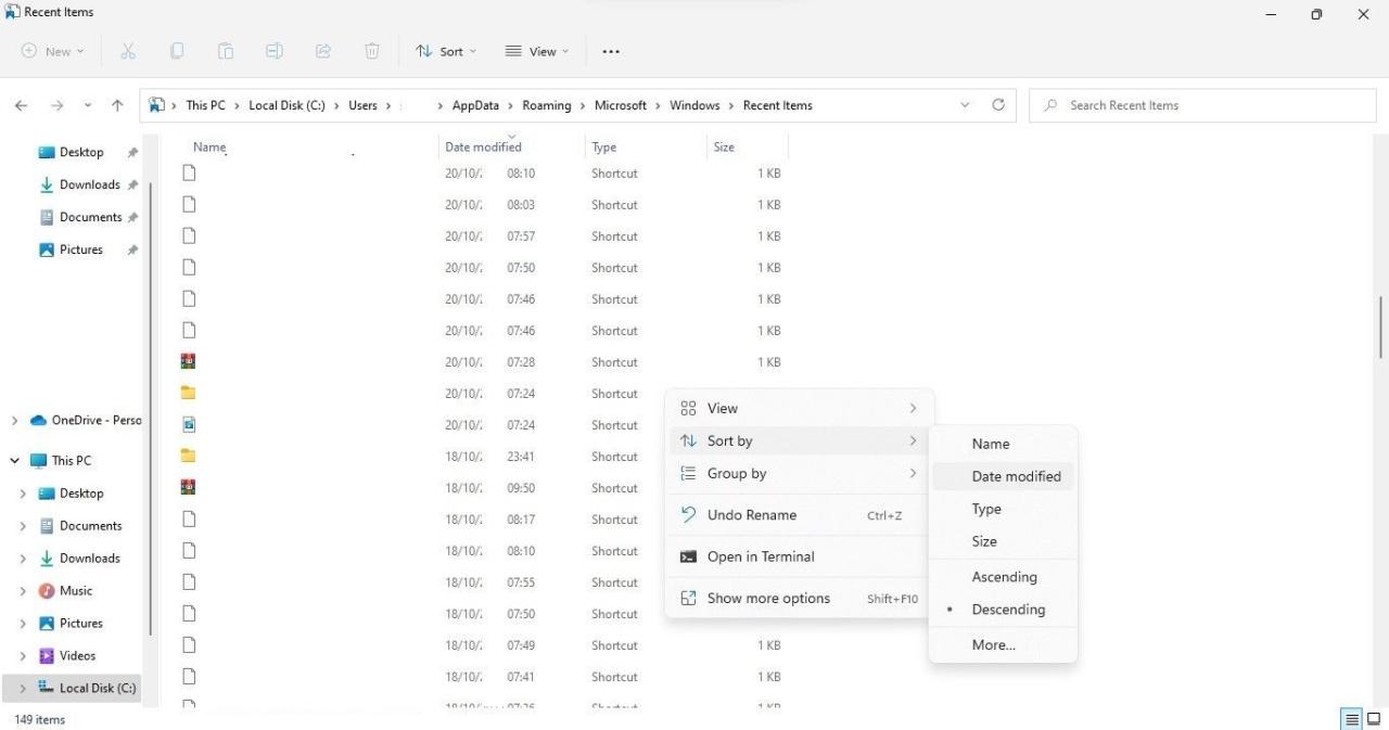Sorting the Files or Folders by Clicking on the Sort By Option in the Context Menu of the File in the Recent Items Folder in File Explorer in Windows