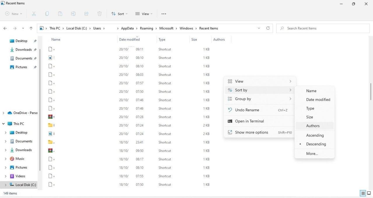 Sorting the Files or Folder by Author by Clicking on the Sort By Option in the Recent Items Folder in File Explorer in Windows