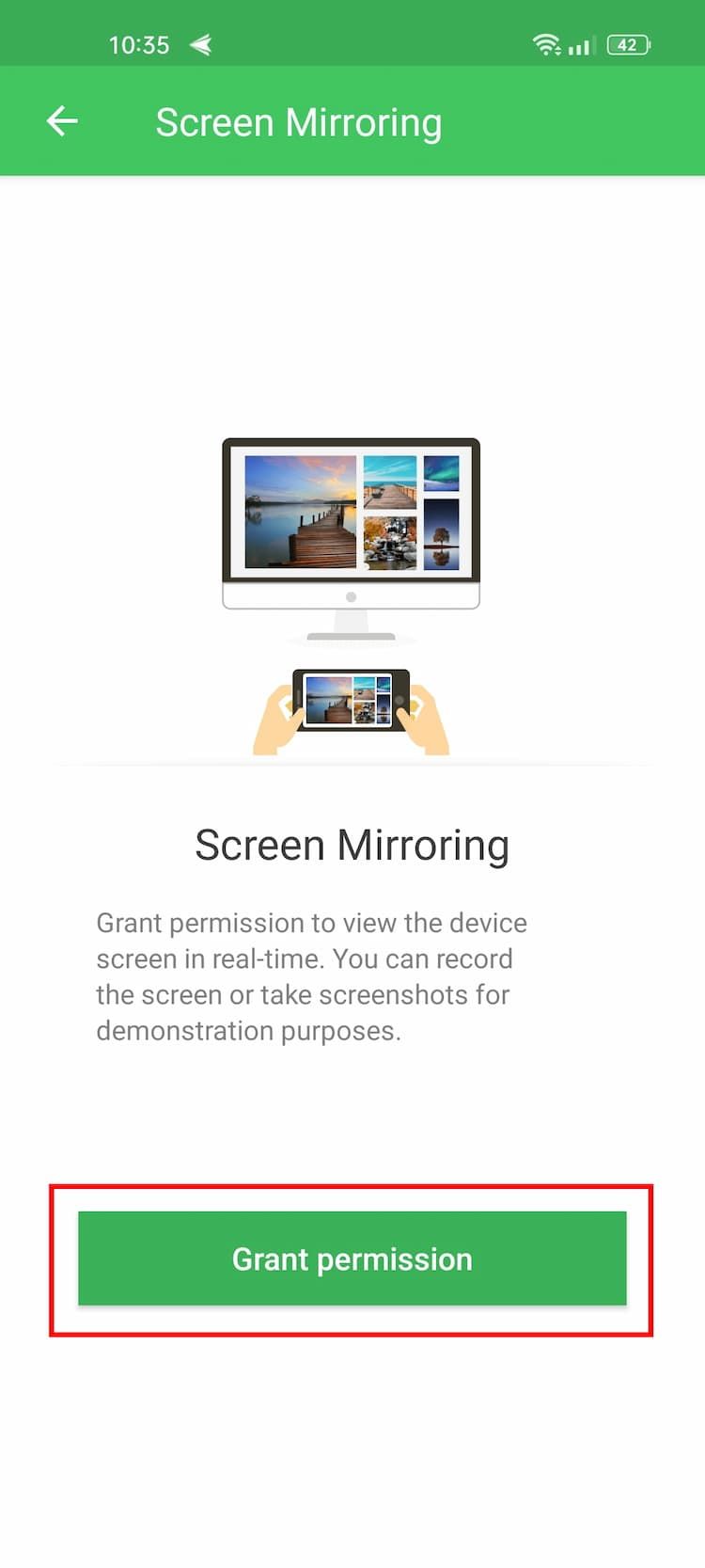 AirDroid screen mirroring page with highlighted permission button