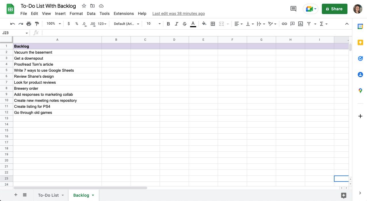 Backlog list in spreadsheet software