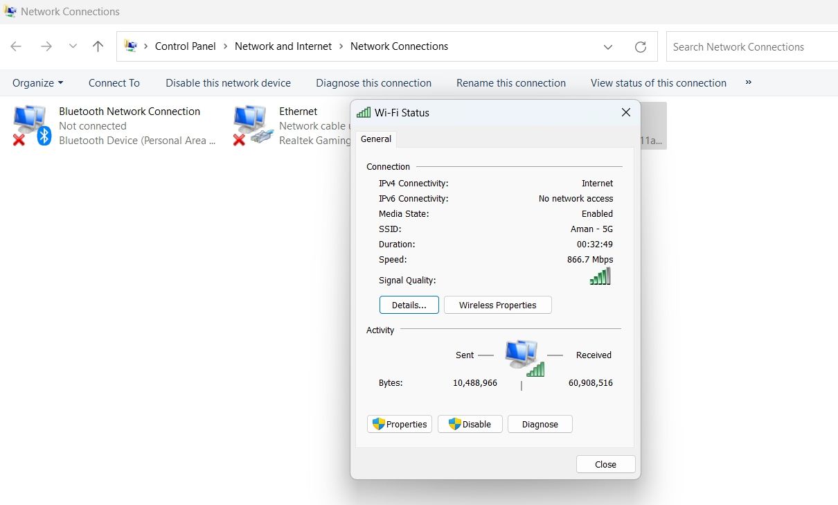 Connection Properties in the Control Panel