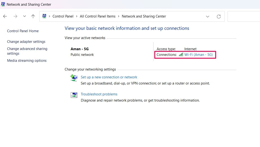 Connections option in Control Panel