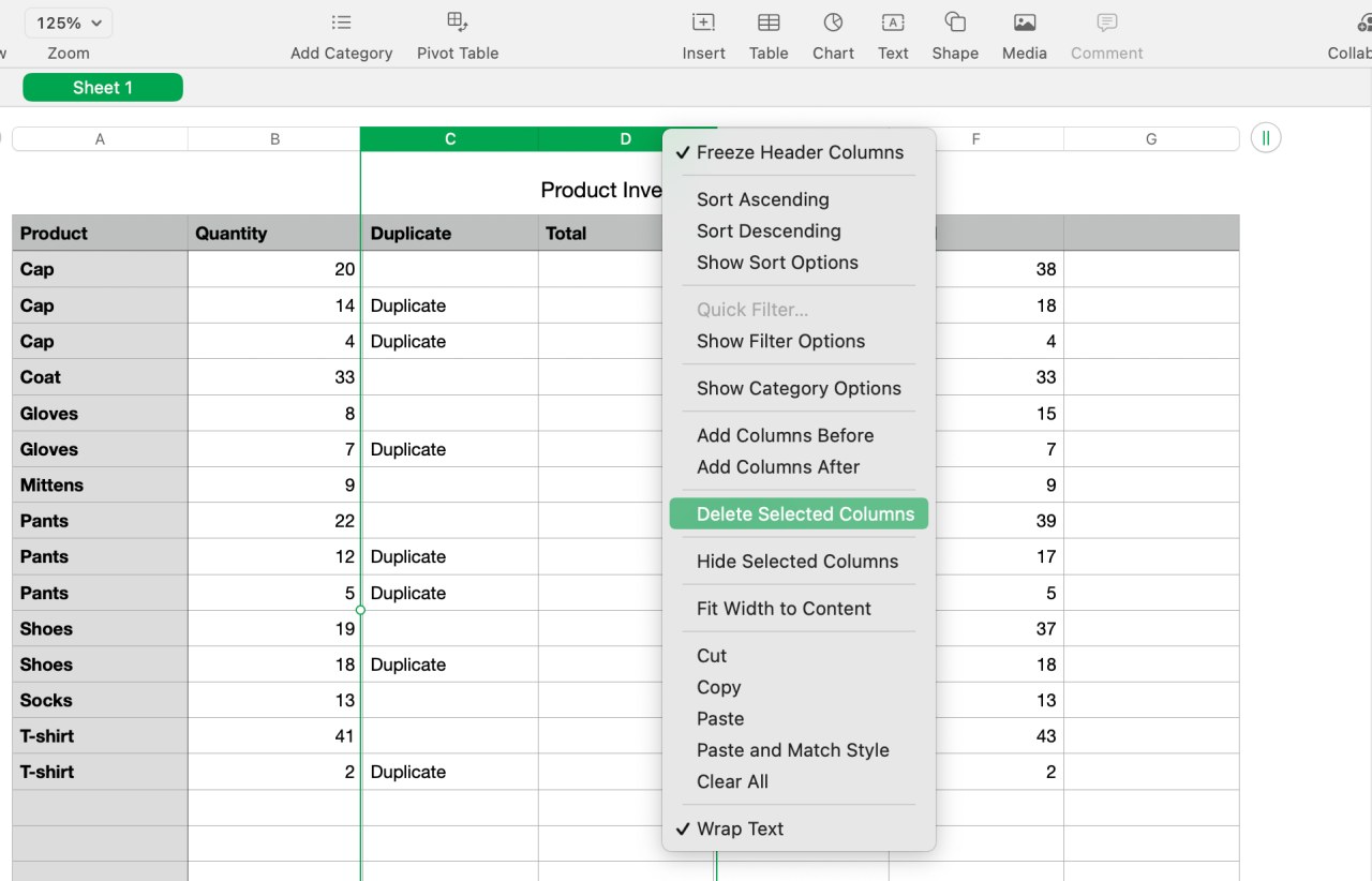 Delete selected columns highlighted in Numbers column menu