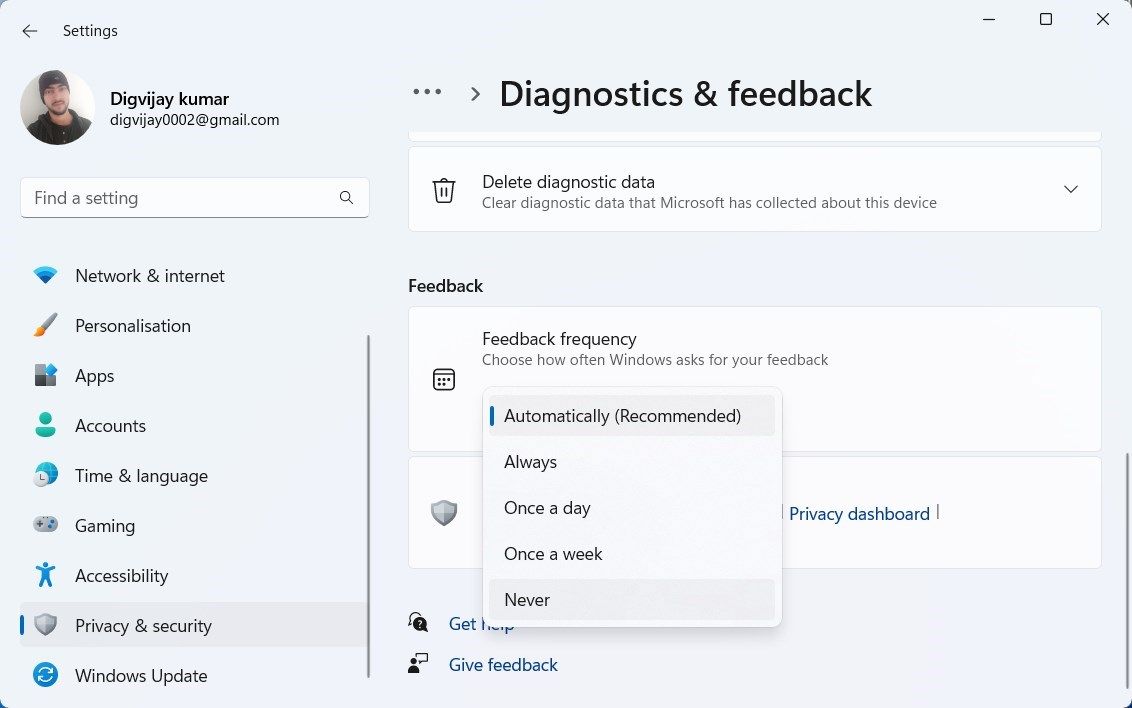 Disable Feedback Notification Using Settings