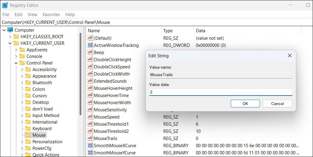 Enable or Disable Mouse Pointer Trails Using Registry Editor