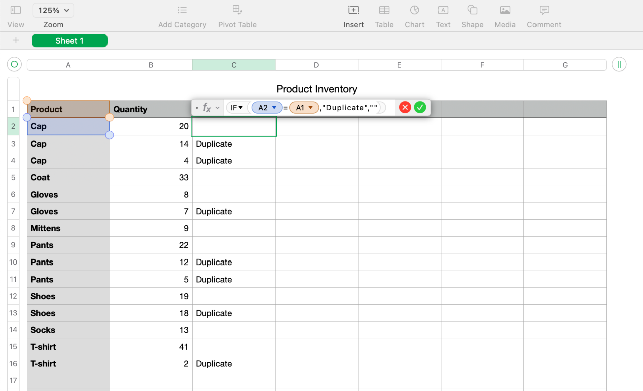 IF formula for finding duplicates open and in use in Numbers sheet