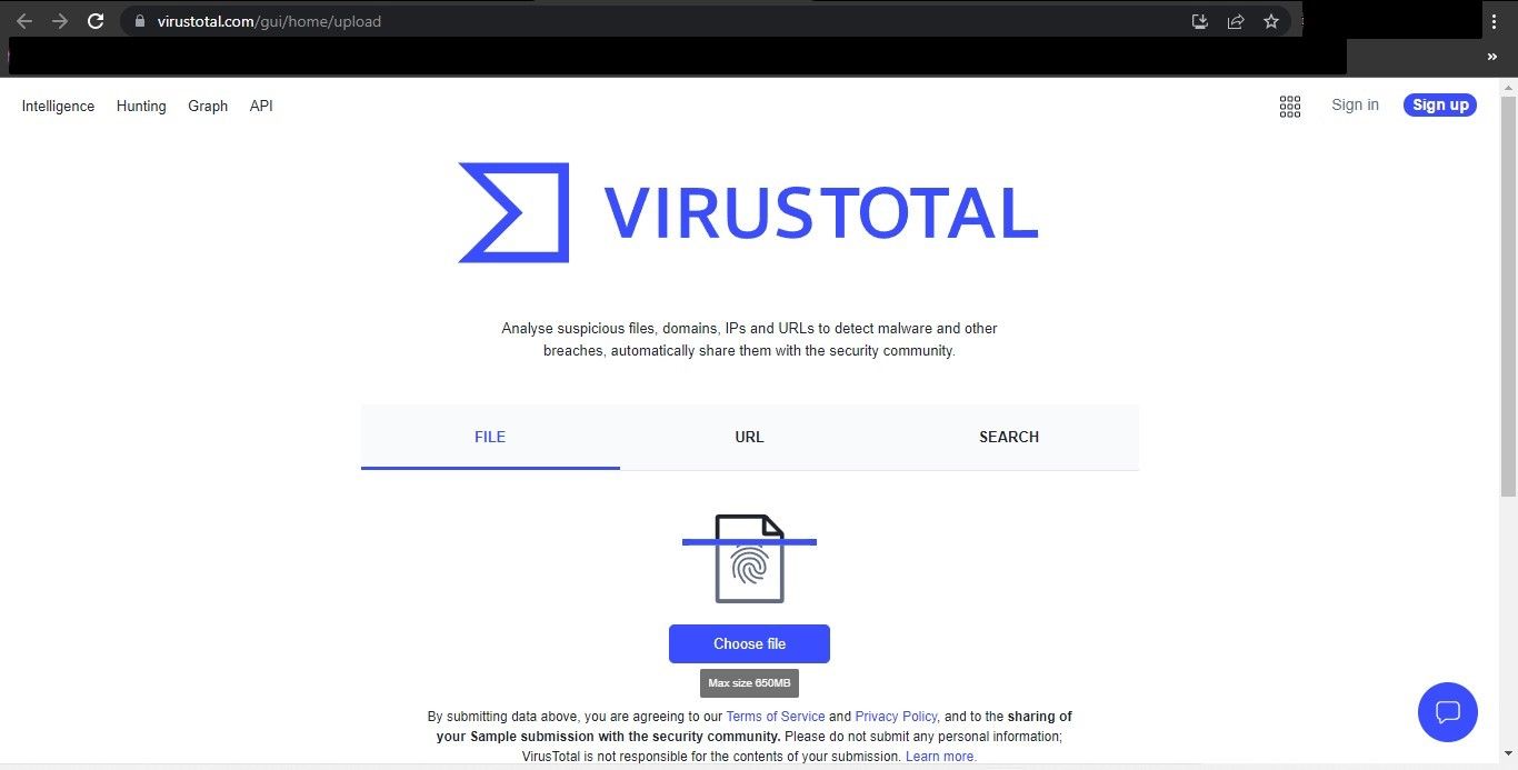 Clicking on the Choose File Button on the Virus Total Website
