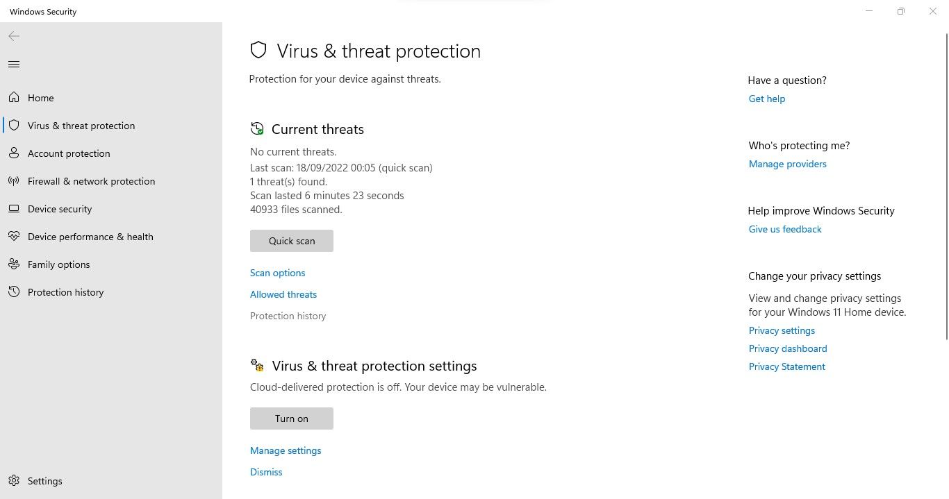 Clicking on Protection History Option Under Virus & Threat Protection in Windows Settings App