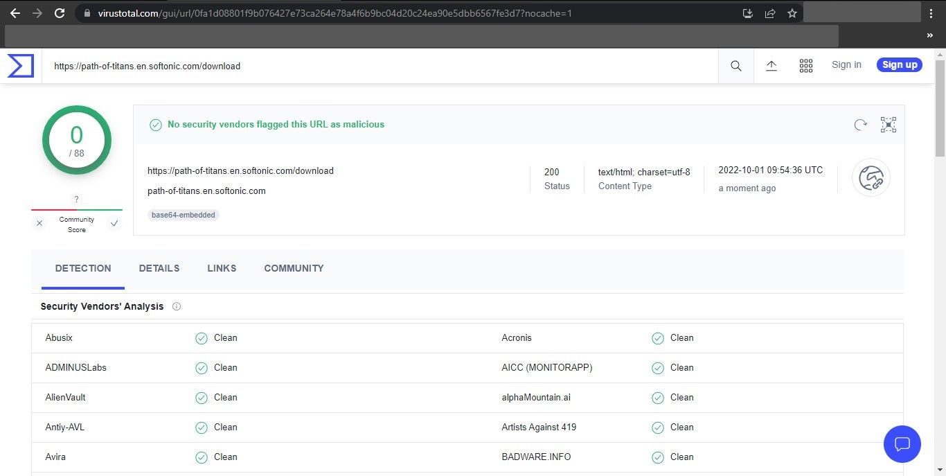 Showing the Results of the Scanned File on the Virus Total Website