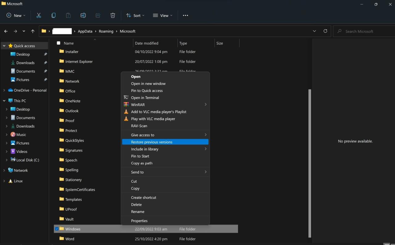 Restoring Previous Version of Windows Folder in Windows File Explorer