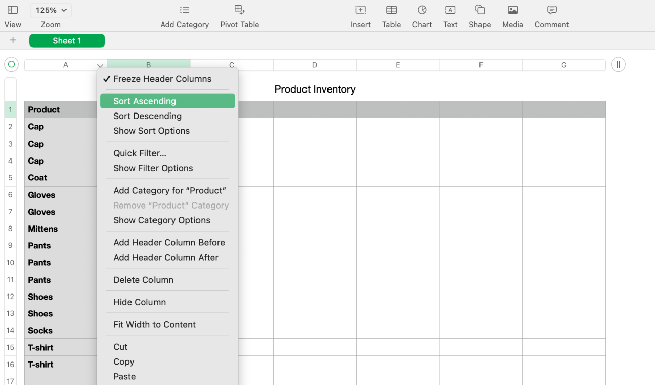 Sort Ascending selected for column A in Numbers sheet