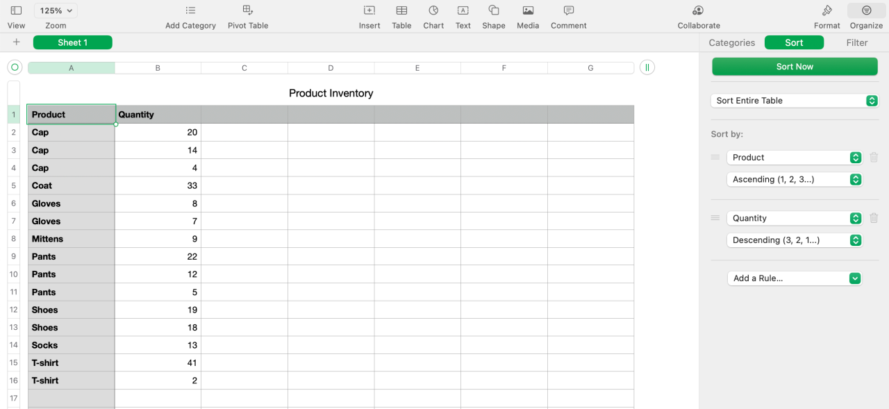 Sort menu open with multiple column sorting in use in Numbers