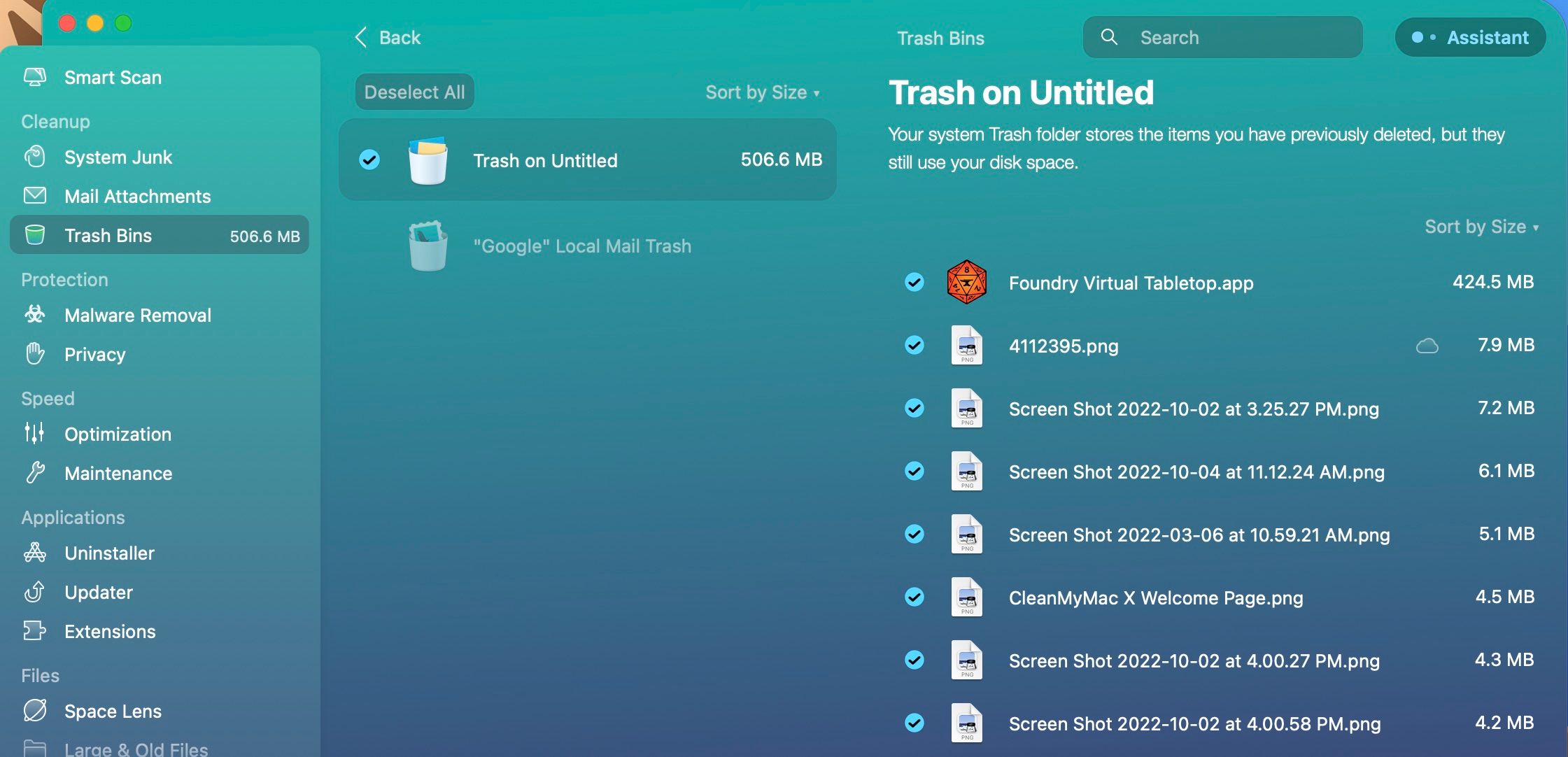 Trash Bins Window in CleanMyMac X App