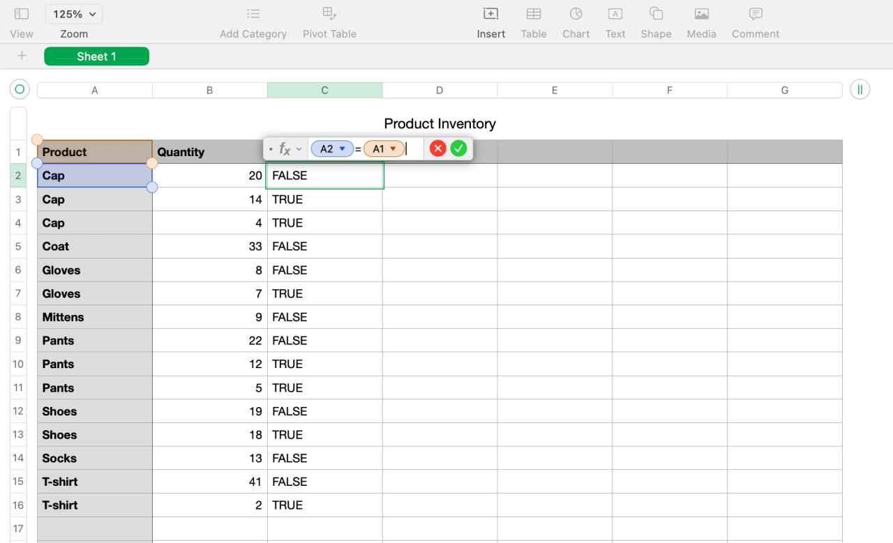 Formula showing duplicate entries as True or False in use and open in Numbers sheet