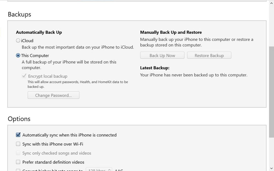 Screenshot of backing up an iPhone in iTunes on Windows