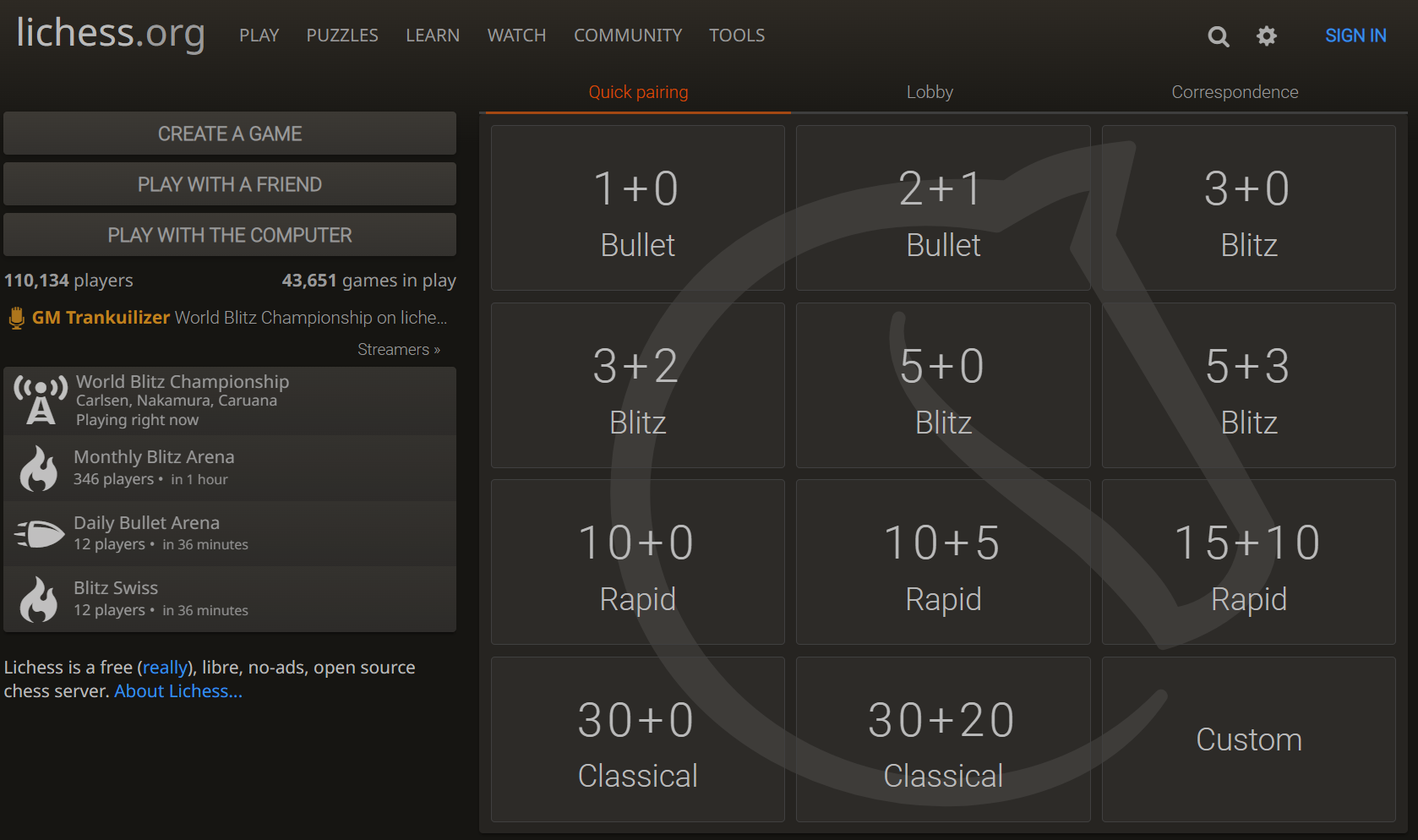 Setting up a game in Lichess.