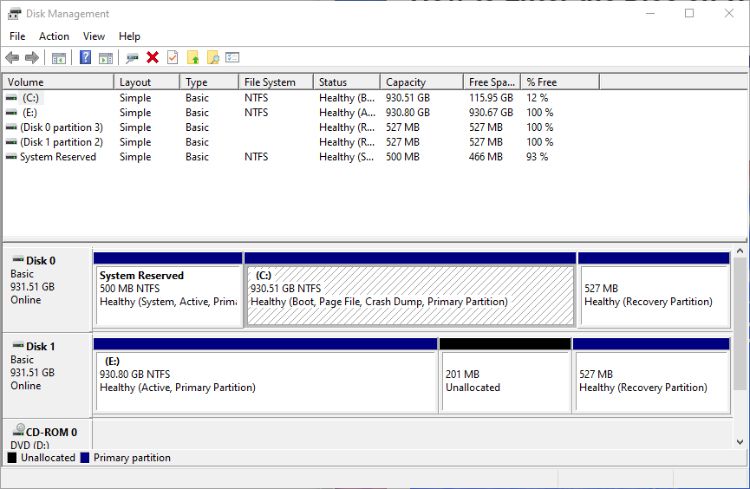 the boot partition shown in Windows Disk Manager