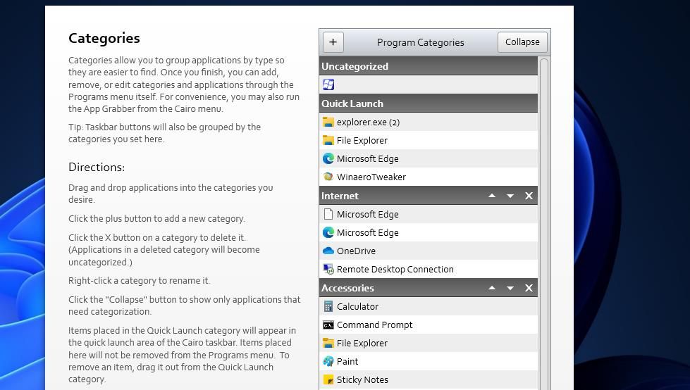 Category options for Cairo\'s Programs menu 