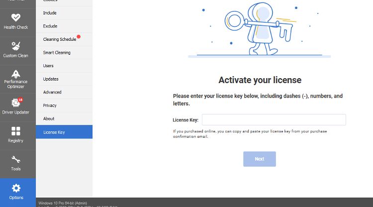 Where you need to enter the license key in CCleaner