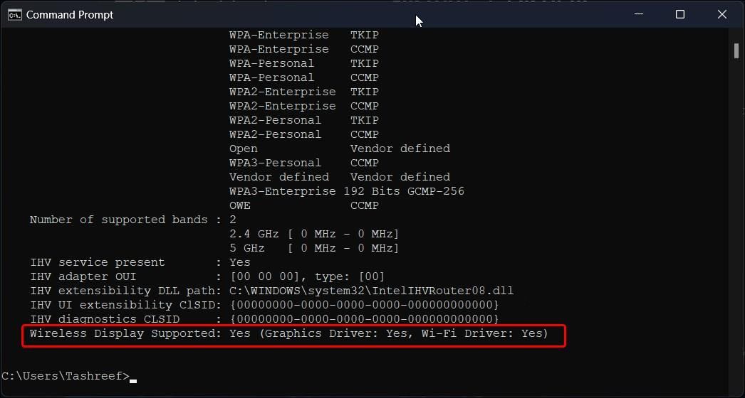 checking the miracast compatibility in the command prompt for windows 11