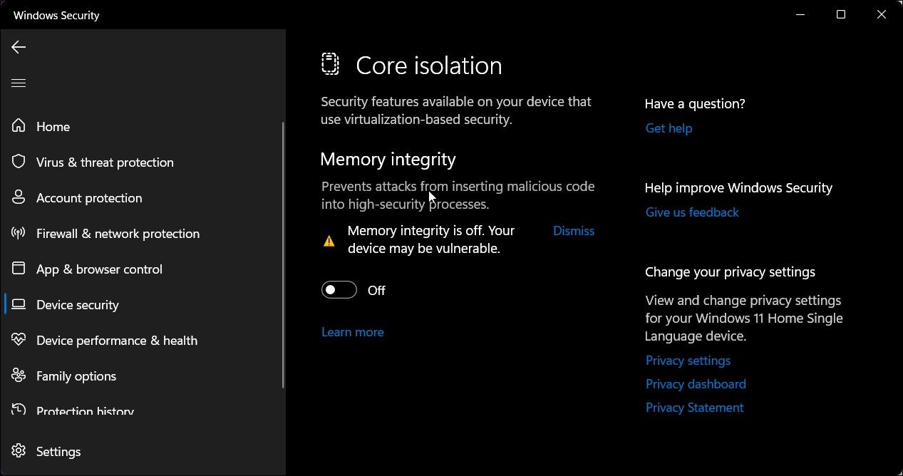 core isolation memory integrity off registry editor