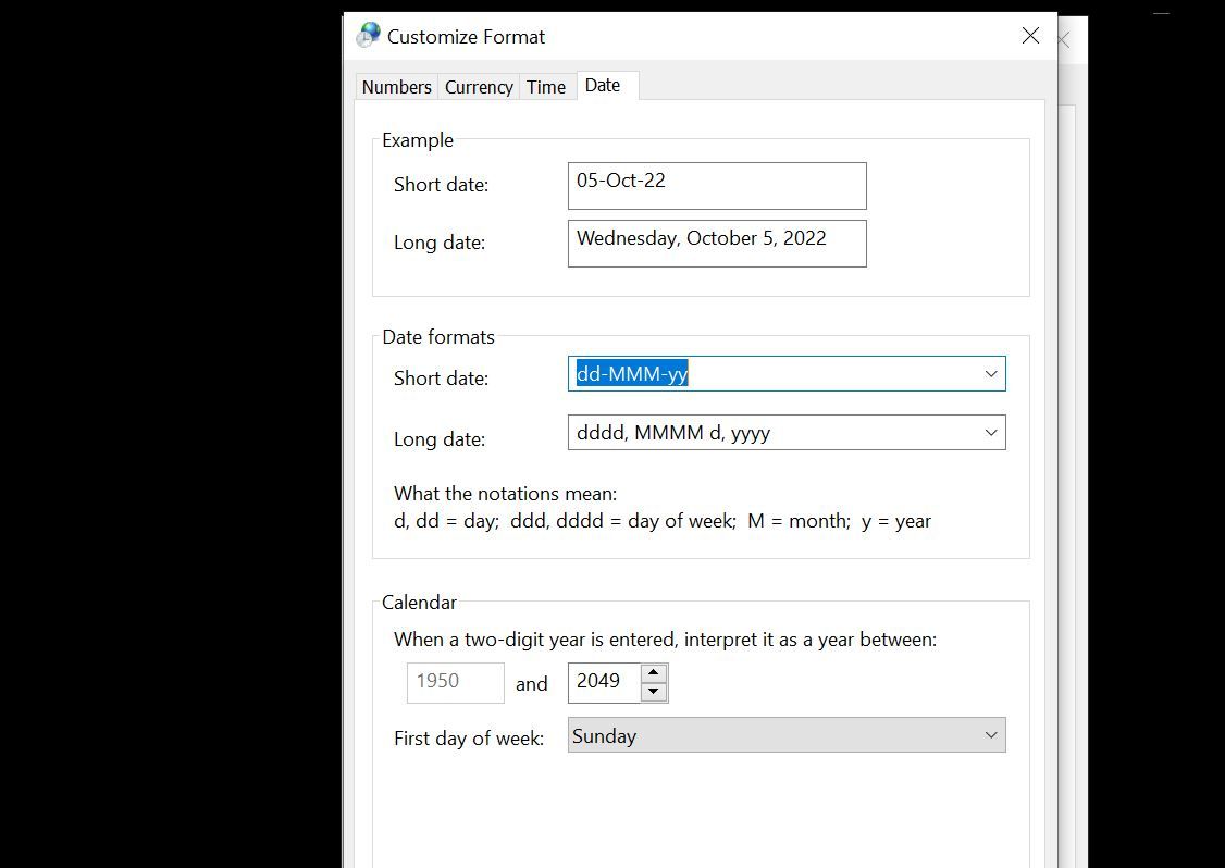 Defining a custom date format in Windows