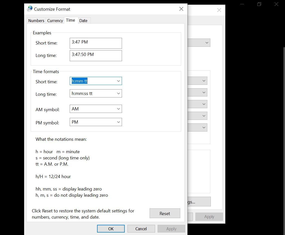 Defining a custom time format Windows