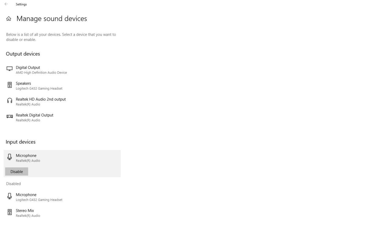 Disabling an audio device in Windows 10