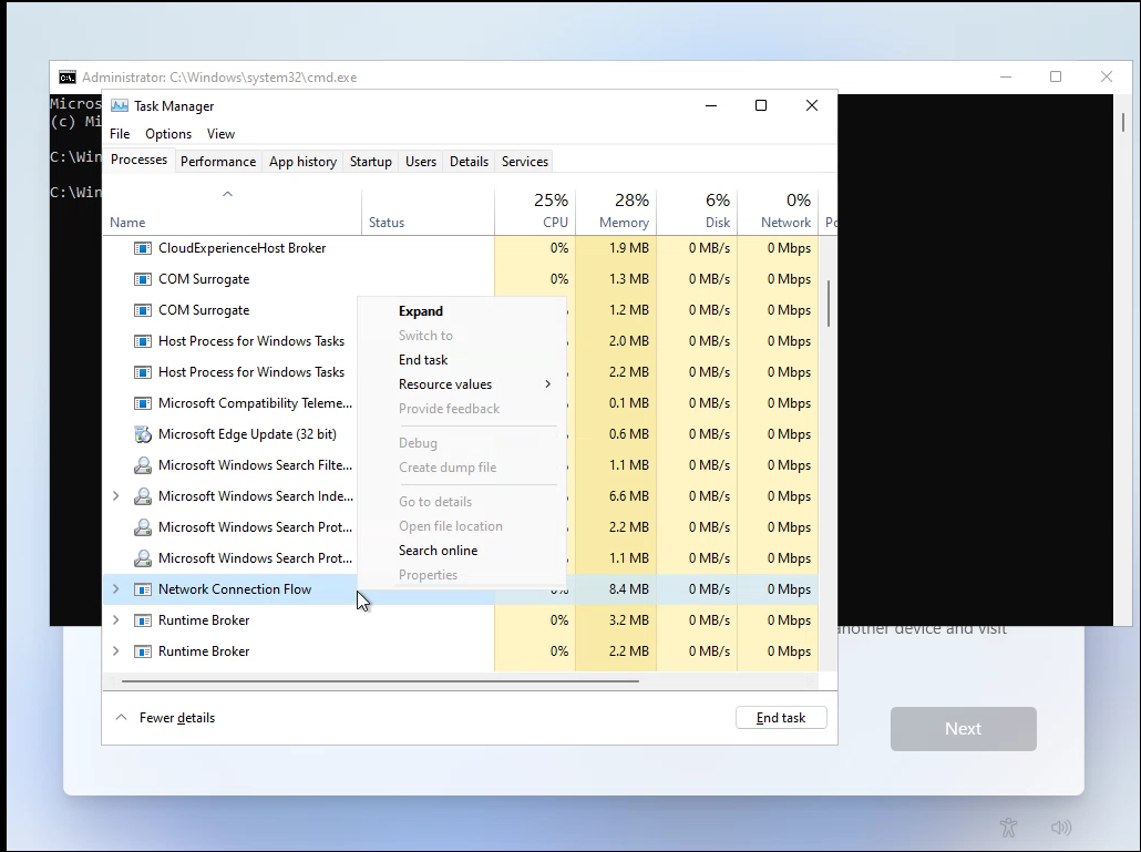 end network connection flow task manager Install 