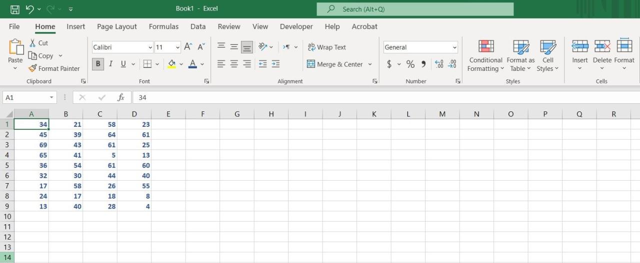 A sample spreadsheet in Excel