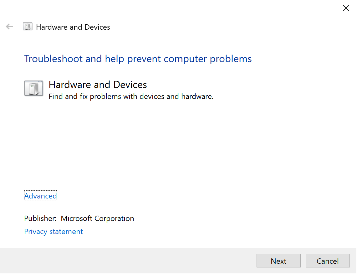 hardware and devices troubleshooter