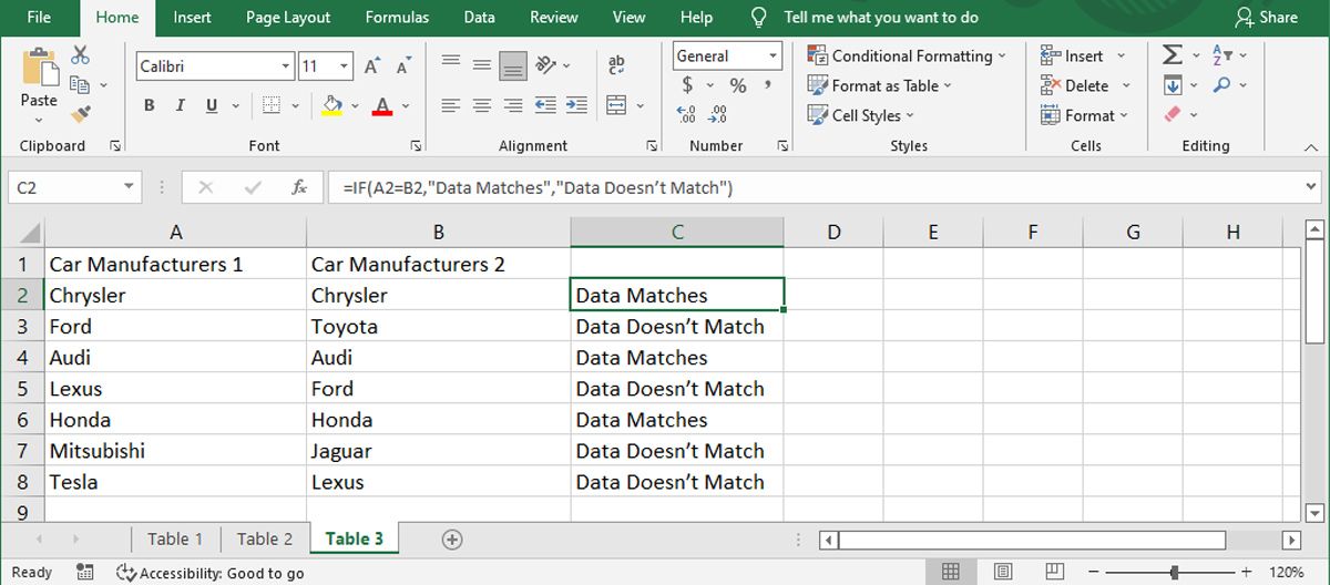 Compare two columns with IF function