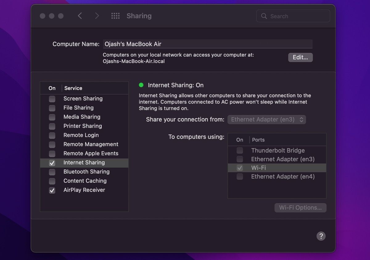 Internet sharing settings on macOS